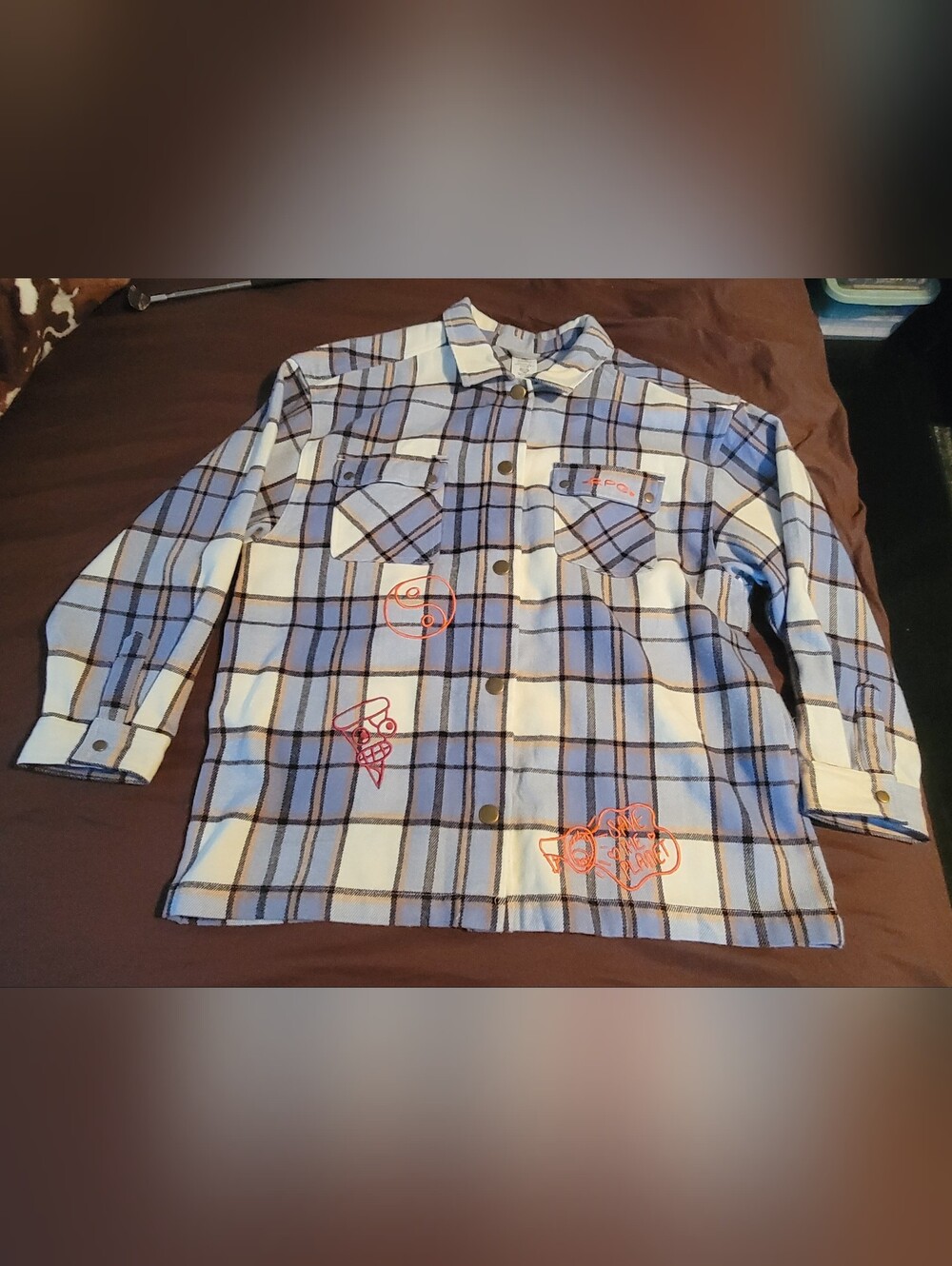 Disney Casual Blue and White Plaid Button-Down Shirt with Graphic Accents